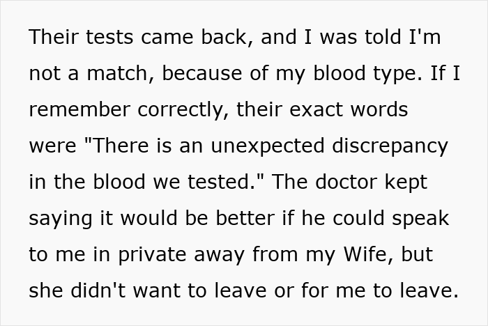 Text excerpt showing a dad discovering a disheartening truth about blood type while ready to save his child’s life.