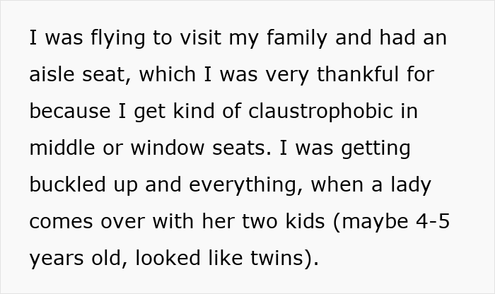 Text excerpt describing an airplane passenger refusing to switch seats with a mother and ignoring her children during a flight. Text excerpt describing an airplane passenger refusing to switch seats with a mother and ignoring her children during a flight.