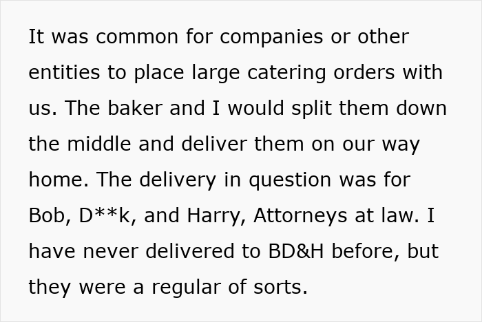 Text excerpt about a baker delivering bagels to lawyers, highlighting corporate comedy involving delivery and attorneys.