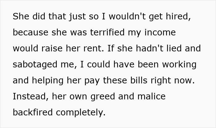 Text describing the narcissist mom's motive for sabotage: fear her daughter's income would raise rent. Text describing the narcissist mom's motive for sabotage: fear her daughter's income would raise rent.