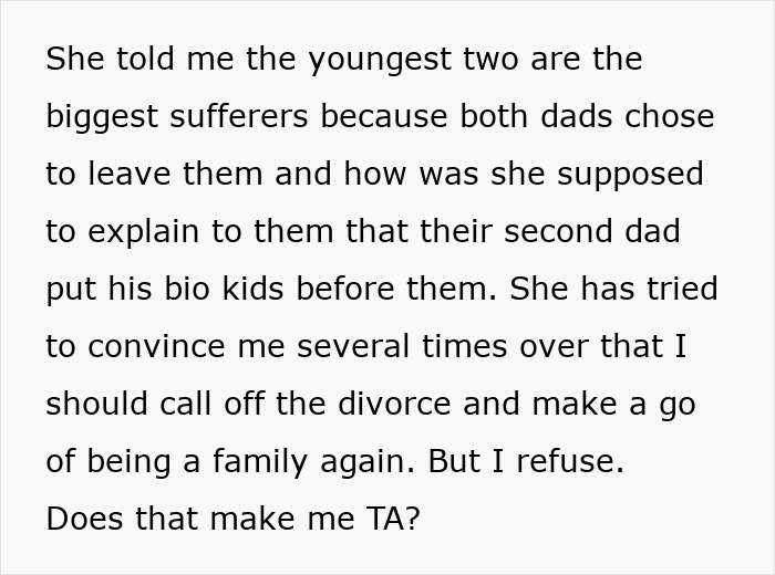 Text excerpt discussing a man leaving marriage over refusing to let wife’s daughter live with his kids. Text excerpt discussing a man leaving marriage over refusing to let wife’s daughter live with his kids.