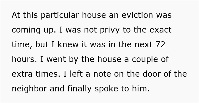Text excerpt about an eviction and communication with a neighbor related to property shepherd and parking dispute. Text excerpt about an eviction and communication with a neighbor related to property shepherd and parking dispute.