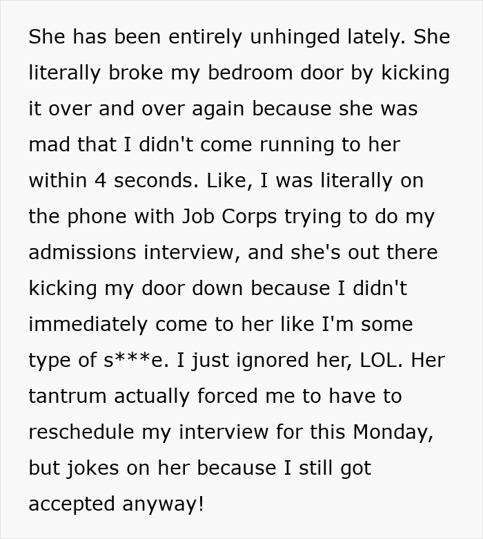 Text describes a narcissist mom's rage, breaking a door, and disrupting her daughter's job interview. Text describes a narcissist mom's rage, breaking a door, and disrupting her daughter's job interview.