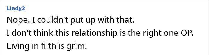 Commenter expressing discomfort with a dirty home, relating to a woman’s visit to a perfect man’s house. Commenter expressing discomfort with a dirty home, relating to a woman’s visit to a perfect man’s house.