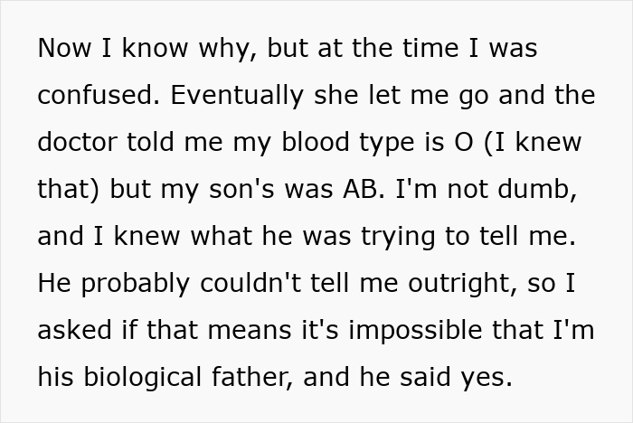 Text excerpt showing a father learning about blood types and discovering he is not the biological father during a life-saving moment.