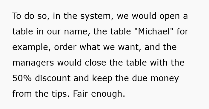 An online text post explaining how restaurant staff used their employee discount An online text post explaining how restaurant staff used their employee discount