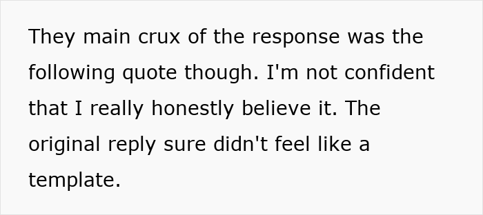 Text excerpt from rejection email discussing the response and questioning the woman's 15 years of experience overlooked.