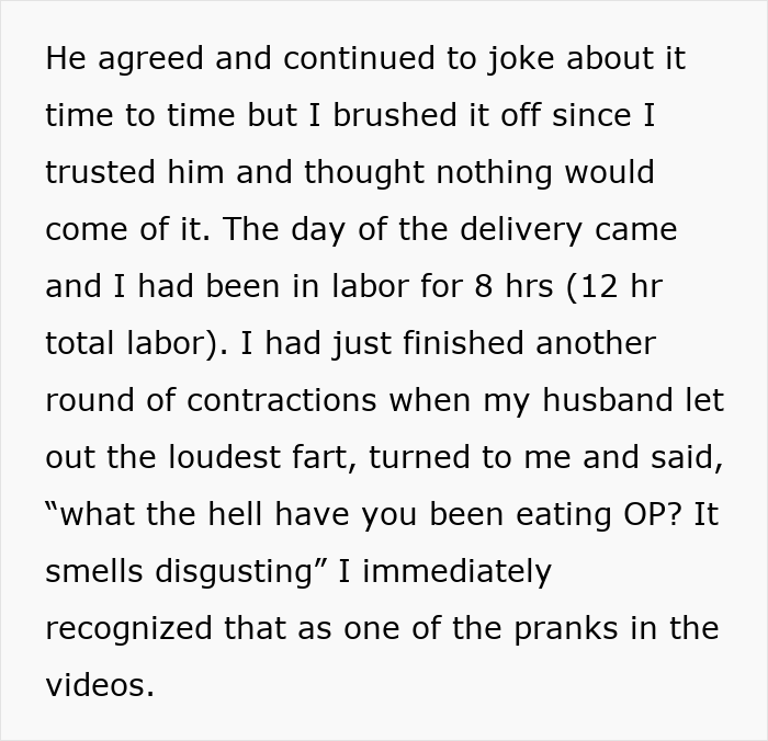Text excerpt from story about a man furious after wife removes him from delivery room due to an inappropriate prank.