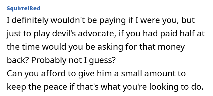 Text comment on a screen discussing whether a woman should pay half for house upgrades after moving out following a breakup. Text comment on a screen discussing whether a woman should pay half for house upgrades after moving out following a breakup.