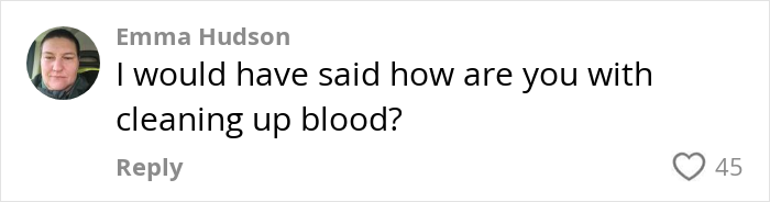 A social media comment from Emma Hudson asking about cleaning up blood, related to parents demanding stranger's dog. A social media comment from Emma Hudson asking about cleaning up blood, related to parents demanding stranger's dog.