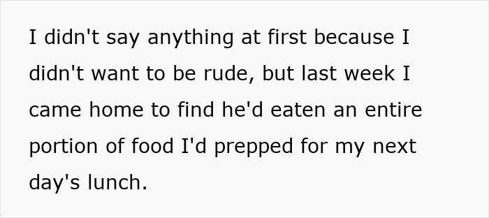 Text excerpt about a roommate conflict involving refusal to share homemade meals with her boyfriend, seen as stingy. Text excerpt about a roommate conflict involving refusal to share homemade meals with her boyfriend, seen as stingy.