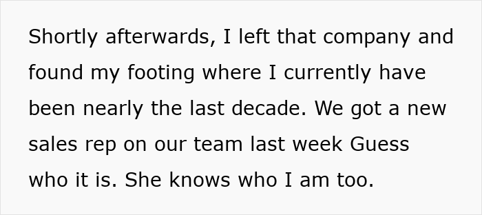 Text excerpt describing leaving a company and a new sales rep, related to not in job description petty revenge. Text excerpt describing leaving a company and a new sales rep, related to not in job description petty revenge.