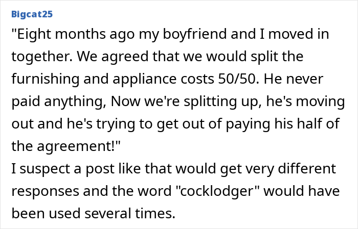 Text post about woman moving out after breakup with ex insisting she pays half for house upgrades left behind, causing dispute. Text post about woman moving out after breakup with ex insisting she pays half for house upgrades left behind, causing dispute.