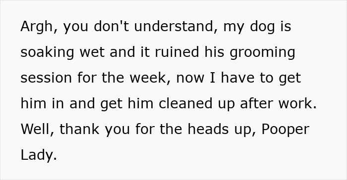 Text message expressing frustration about a dog getting wet, ruining grooming, and mentioning petty revenge on entitled dog owner. Text message expressing frustration about a dog getting wet, ruining grooming, and mentioning petty revenge on entitled dog owner.