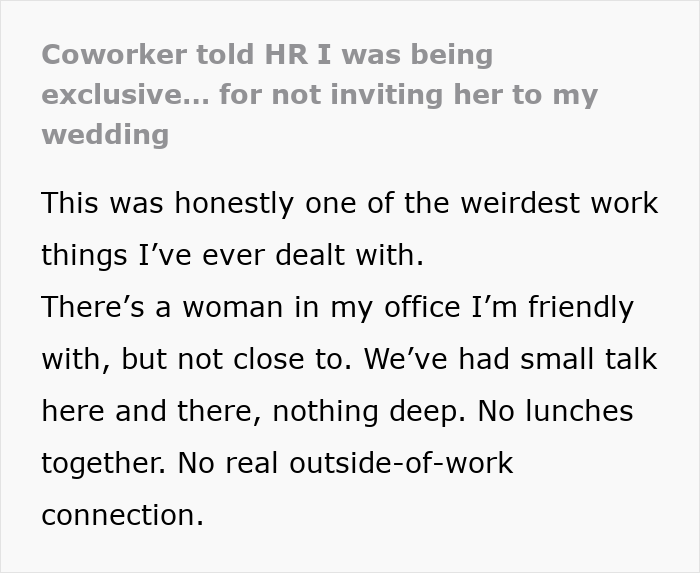 Text excerpt about coworker reporting to HR for not inviting them to a wedding, highlighting workplace social boundaries. Text excerpt about coworker reporting to HR for not inviting them to a wedding, highlighting workplace social boundaries.