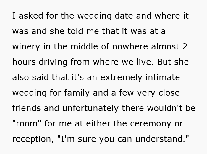 Text excerpt showing a woman too stunned to answer acquaintance's request to lend her daughter for wedding at intimate ceremony location. Text excerpt showing a woman too stunned to answer acquaintance's request to lend her daughter for wedding at intimate ceremony location.