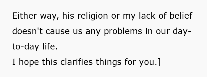 Text clarifying that differing beliefs do not cause problems, relevant to MIL drives woman to leave her son. Text clarifying that differing beliefs do not cause problems, relevant to MIL drives woman to leave her son.