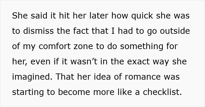 Text excerpt discussing a man reflecting on how to make her feel what he feels and realizing romance is not a checklist. Text excerpt discussing a man reflecting on how to make her feel what he feels and realizing romance is not a checklist.