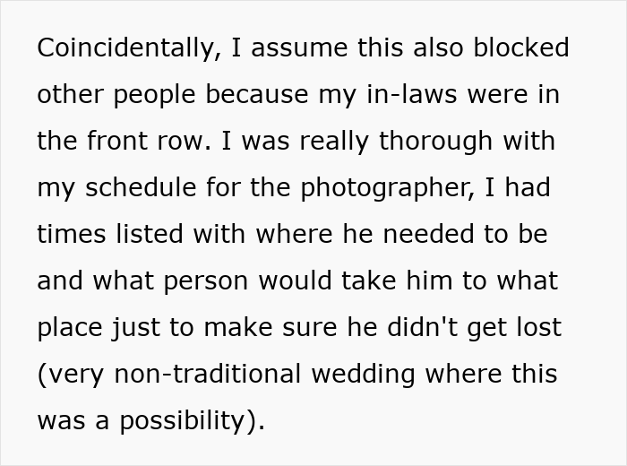 Text passage about scheduling and managing a wedding photographer to avoid getting lost during a non-traditional wedding event. Text passage about scheduling and managing a wedding photographer to avoid getting lost during a non-traditional wedding event.