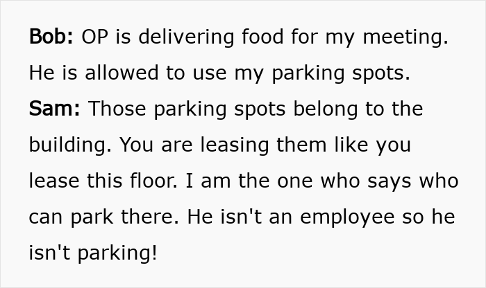Text conversation about a baker delivering food and a dispute over parking spots in a corporate setting.