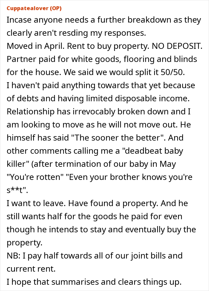 Text post explaining a woman moving out after breakup, ex insists she pay half for house upgrades left behind. Text post explaining a woman moving out after breakup, ex insists she pay half for house upgrades left behind.