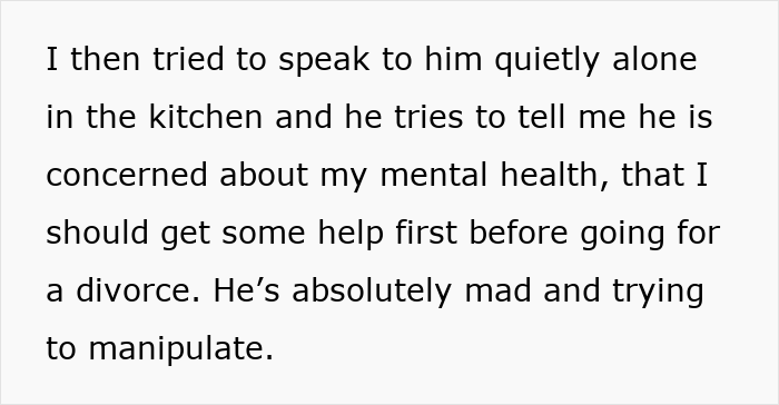 Text explaining a husband trying to manipulate his wife, concerned about her mental health amidst divorce. Text explaining a husband trying to manipulate his wife, concerned about her mental health amidst divorce.
