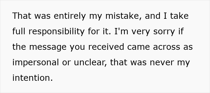 Rejection email text expressing apology and taking responsibility, raising questions about experienced woman overlooked for role.