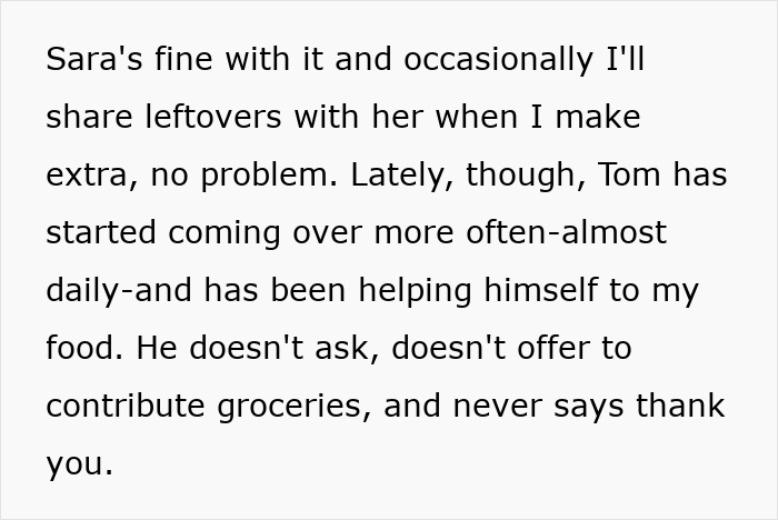 Text excerpt describing a roommate conflict over sharing homemade meals and accusations of being stingy. Text excerpt describing a roommate conflict over sharing homemade meals and accusations of being stingy.