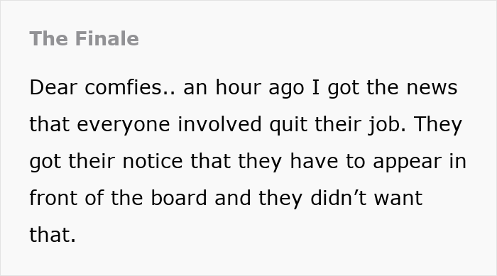 Text snippet titled The Finale discussing coworkers quitting their job after a rejection. Text snippet titled The Finale discussing coworkers quitting their job after a rejection.
