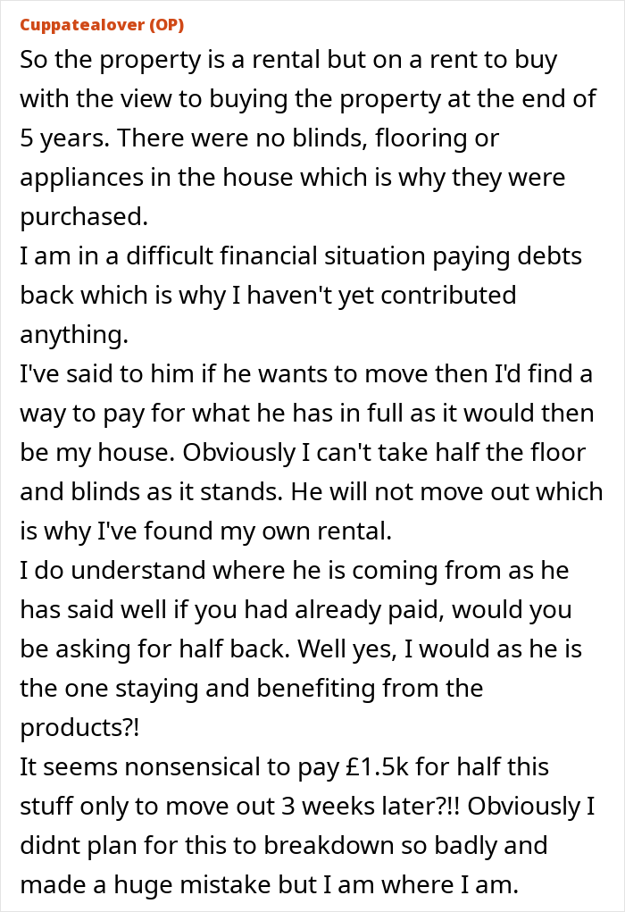 Text conversation about woman moving out after breakup and ex insisting she pay half for house upgrades she’s leaving behind. Text conversation about woman moving out after breakup and ex insisting she pay half for house upgrades she’s leaving behind.