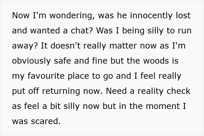 Person walking alone in the woods, followed by strange man, feeling scared and uncertain about the encounter in nature Person walking alone in the woods, followed by strange man, feeling scared and uncertain about the encounter in nature