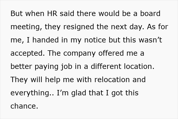 Text detailing the resolution of the situation, with the company offering a better job after the coworker rejection. Text detailing the resolution of the situation, with the company offering a better job after the coworker rejection.