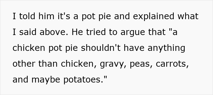 Text excerpt about a classic chicken pot pie recipe causing a brother-in-law to walk out at a family gathering. Text excerpt about a classic chicken pot pie recipe causing a brother-in-law to walk out at a family gathering.