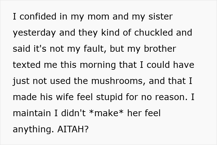 Text post describing a woman sharing her story about calling out sister-in-law for pretending to have a food allergy.