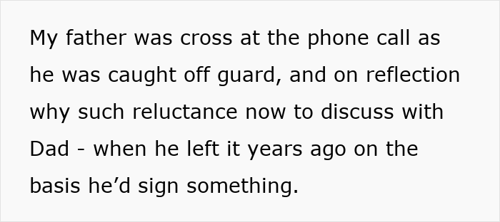 Text snippet describing a father's reaction to a phone call about a husband's postnup reluctance. Text snippet describing a father's reaction to a phone call about a husband's postnup reluctance.