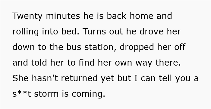 Son drops pushy MIL off at the bus station after she demands a four-hour ride before sunrise. Son drops pushy MIL off at the bus station after she demands a four-hour ride before sunrise.