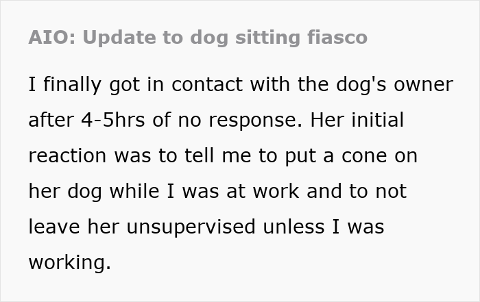 Text excerpt describing insist friend board dog situation with dog owner giving instructions on dog care. Text excerpt describing insist friend board dog situation with dog owner giving instructions on dog care.