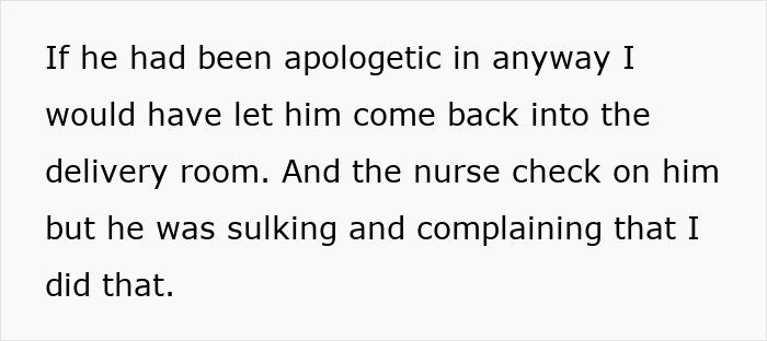 Text describing a man furious after his wife removes him from the delivery room due to an inappropriate prank.