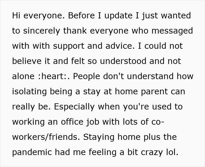 Text message expressing gratitude for support and discussing isolation of being a stay-at-home parent during pandemic challenges. Text message expressing gratitude for support and discussing isolation of being a stay-at-home parent during pandemic challenges.