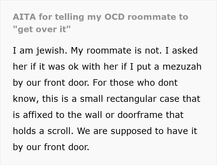 Text explaining Jewish traditions causing roommate’s OCD trigger in a discussion about living with an OCD roommate. Text explaining Jewish traditions causing roommate’s OCD trigger in a discussion about living with an OCD roommate.