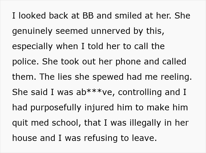 Text detailing DIL's MIL calling the cops to evict her, and the lies MIL told to the police. Text detailing DIL's MIL calling the cops to evict her, and the lies MIL told to the police.