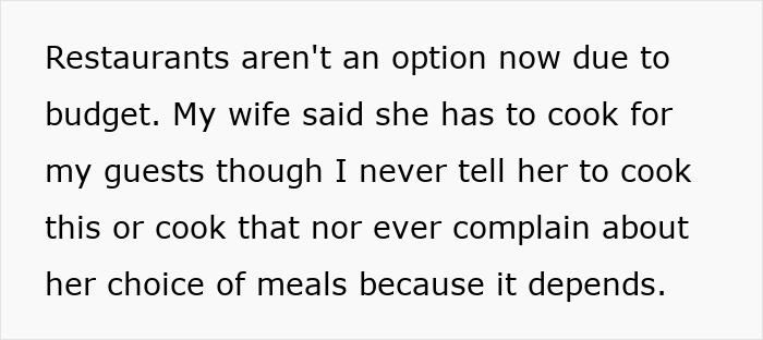 Text on a white background discussing a man inviting guests and expecting his wife to cook despite not communicating meal preferences. Text on a white background discussing a man inviting guests and expecting his wife to cook despite not communicating meal preferences.