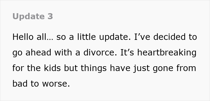 A screenshot showing a text update from a wife, announcing her decision to proceed with a divorce after years of marriage. A screenshot showing a text update from a wife, announcing her decision to proceed with a divorce after years of marriage.