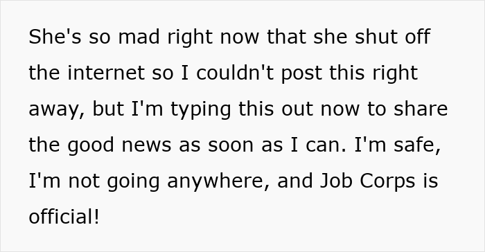 Screenshot of text about a narcissist mom attacking her daughter, mentioning Job Corps and feeling safe. Screenshot of text about a narcissist mom attacking her daughter, mentioning Job Corps and feeling safe.