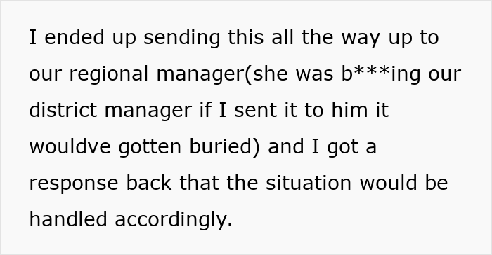 Text describing sending a report about the lazy manager to a regional manager for appropriate handling. Text describing sending a report about the lazy manager to a regional manager for appropriate handling.