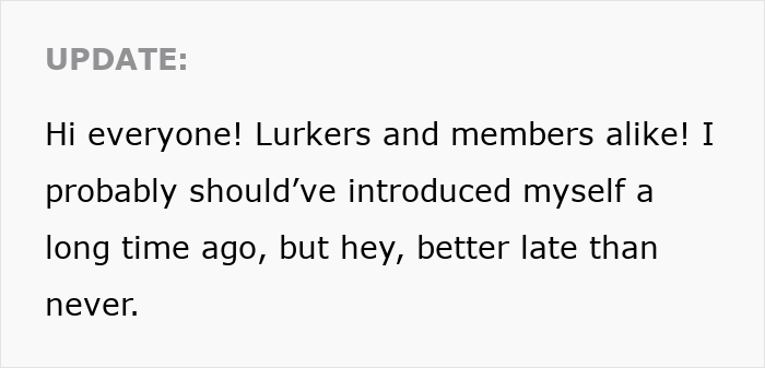 Text update on a social media post where a woman addresses lurkers and members, sharing a late introduction. Text update on a social media post where a woman addresses lurkers and members, sharing a late introduction.