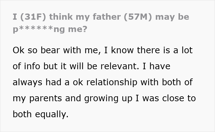 Text from a post stating a woman suspects her father is tampering with her dessert, causing her to get sick. Text from a post stating a woman suspects her father is tampering with her dessert, causing her to get sick.