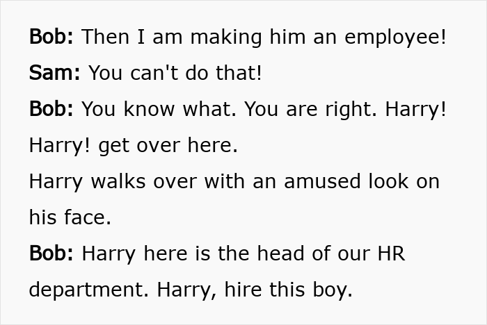 Script excerpt showing a humorous dialogue in a corporate comedy about a baker delivering bagels turned legal case.