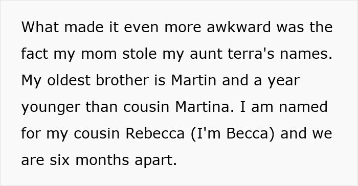 Text excerpt describing family name conflicts, illustrating mom throws a fit when daughter changes her name situation.