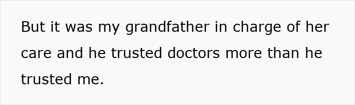 Text snippet explaining a woman's grandad trusted doctors more regarding her C-section infection. Text snippet explaining a woman's grandad trusted doctors more regarding her C-section infection.